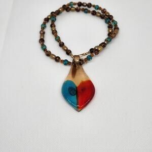 Artisan Hand Blown Glass Heart Pendant Necklace Gold Flake Red Blue Boho
